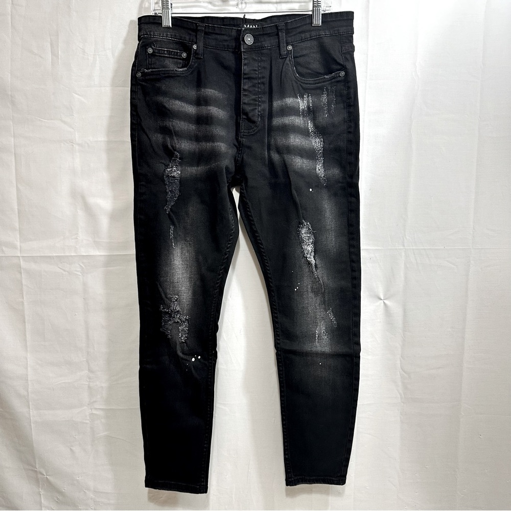 BOOHOO MAN SUPER SKINNY DISTRESSED PAINT SPLAT JEANS IN BLACK SIZE 36S